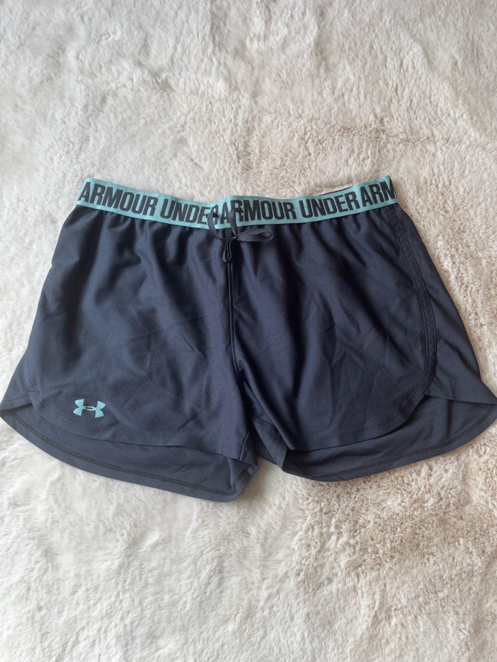 Under Armour Women's Grey Athletic Shorts with Teal Waistband